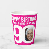 90. Geburtstag Zoll zwei Foto rosa weiß Pappbecher (Vorderseite)
