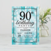 90. Geburtstags-Einladungs-aquamariner Glitzer Einladung (Stehend Vorderseite)