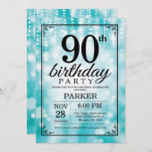 90. Geburtstags-Einladungs-aquamariner Glitzer Einladung (Vorne/Hinten)