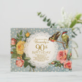 90. Geburtstags-Einladungs-rustikale Blumenvögel Einladung (Stehend Vorderseite)