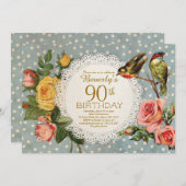 90. Geburtstags-Einladungs-rustikale Blumenvögel Einladung (Vorne/Hinten)