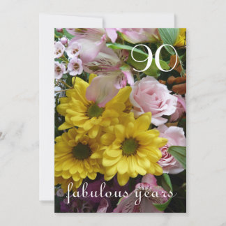 90. Geburtstags-Feier! - Rosa und gelbe Blumen Einladung