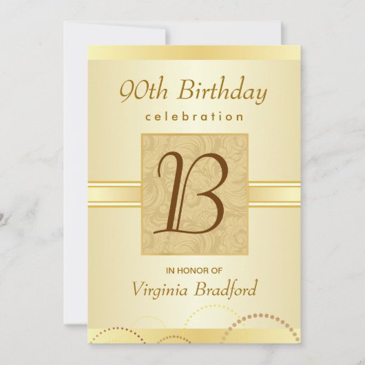 90. Geburtstags-Party Einladung - Damast-Monogramm (Vorderseite)