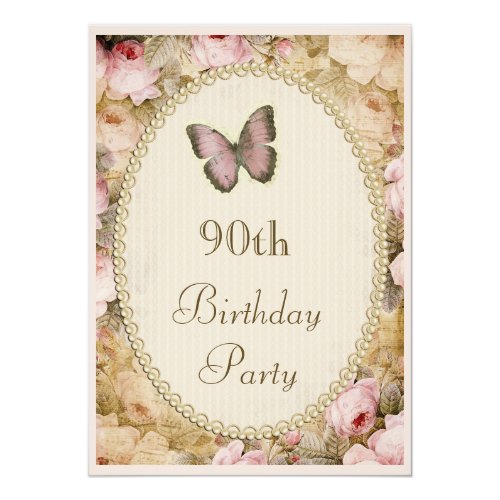 90 Geburtstags Vintage Rosen Schmetterling Einladung Meine Einladungskarten De