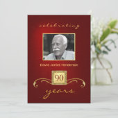 90. Geburtstagseinladungen - Monogram Red & Gold Einladung (Stehend Vorderseite)