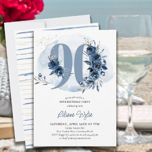 90. Geburtstagsfeier Coastal Blue Floral Nummer 90 Einladung