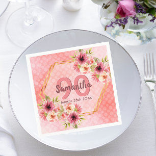 90. Geburtstagsfeier Korallen-Gold-Dahlia-Blumen Serviette