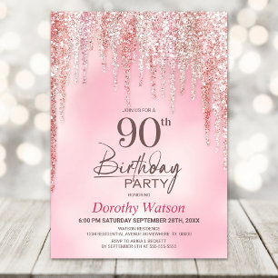 90. Geburtstagsfeier mit rosa Glitter Einladung
