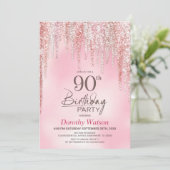 90. Geburtstagsfeier mit rosa Glitter Einladung (Stehend Vorderseite)
