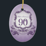 90. Geburtstagsfeier Personalisiert Keramikornament<br><div class="desc">Design in the style of coat of arms in purple colors with large 90th "BIRTHDAY CELEBRATION" onto a ribbon Design on oval ceramic ornament with name. You can easily change name (Mitbewohner, tun, size and position) by clicking the customize button. Available with design for 60th, 70th, 80th, 95th birthday. Matching...</div>