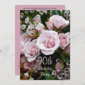 90. Geburtstagsfeier - Rosa Rosen Einladung (Vorne/Hinten)