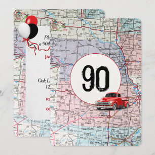 90. Geburtstagsfeier Rotes Retro-LKW Einladung