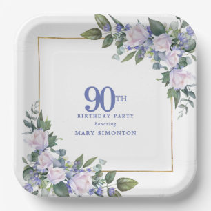 90. Geburtstagsfeier White Rose Blue Floral Custom Pappteller