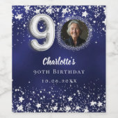 90. Geburtstagsnavy blauen Silberstars Foto Weinetikett (Einzelnes Label)