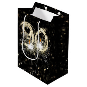 90. Geburtstagsparkler auf schwarz mit Sternen Mittlere Geschenktüte
