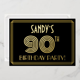 90. Geburtstagsparty — Art Deco Style "90" + Name Folieneinladung