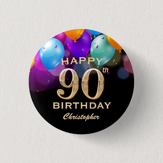 90. Geburtstagsparty Black and Gold Ballons Button (Vorderseite)