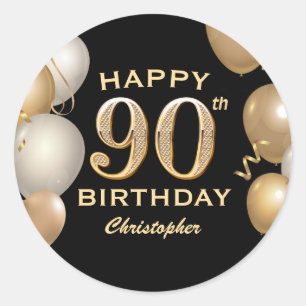 90. Geburtstagsparty Black and Gold Ballons Runder Aufkleber