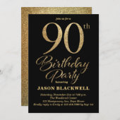 90. Geburtstagsparty Black & Gold Einladung (Vorne/Hinten)