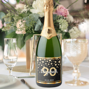 90. Geburtstagsparty Black Gold Glitzer Diamanten Schaumweinetikett