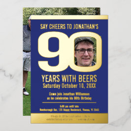 90. Geburtstagsparty Blaues Goldfolie Foto Bier Folieneinladung
