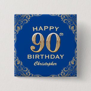 90. Geburtstagsparty Blue and Gold Glitzer Frame Button