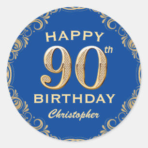 90. Geburtstagsparty Blue and Gold Glitzer Frame Runder Aufkleber