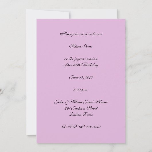 90. Geburtstagsparty Einladung Rose (Rückseite)