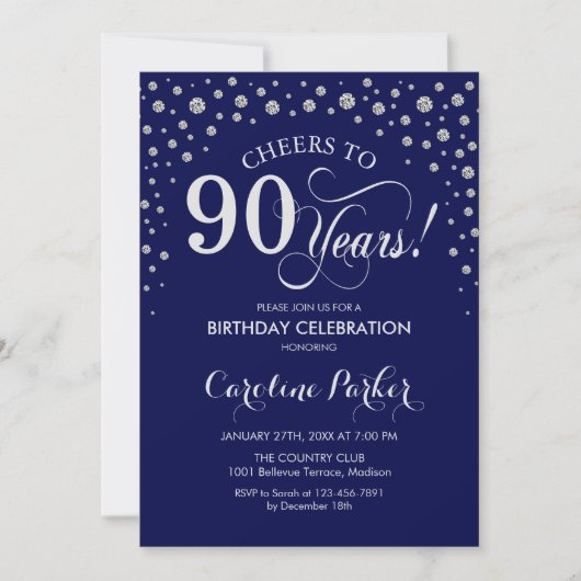 90. Geburtstagsparty Einladung - Silver Navy Blue (Vorderseite)