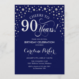 90. Geburtstagsparty Einladung - Silver Navy Blue