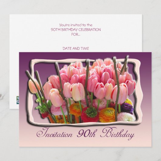90. Geburtstagsparty Einladung - Tulips (Vorne/Hinten)