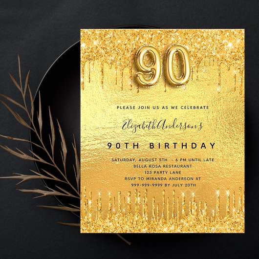 90. Geburtstagsparty Gold Glitzer Einladung Flyer