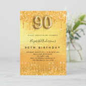 90. Geburtstagsparty Gold Glitzer Tropfen Einladung (Stehend Vorderseite)