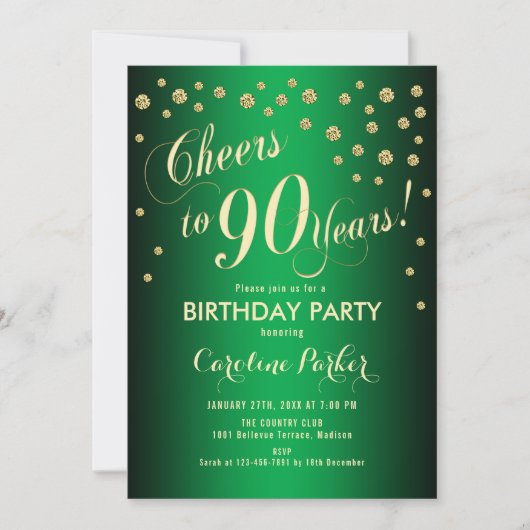 90. Geburtstagsparty - Gold Green Einladung (Vorderseite)