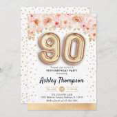 90. Geburtstagsparty - Goldene Ballons Einladung (Vorne/Hinten)