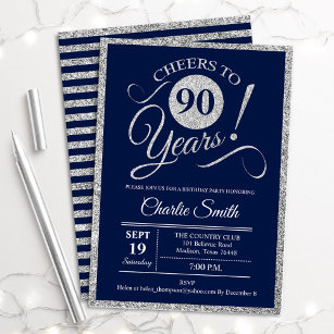 90. Geburtstagsparty - JEDES ALTER Navy Silver Einladung