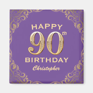 90. Geburtstagsparty Lila und Gold Glitzer Frame Magnet