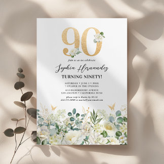 90. Geburtstagsparty mit weißer Blüte Einladung