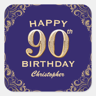 90. Geburtstagsparty Navy Blue and Gold Glitzer Quadratischer Aufkleber