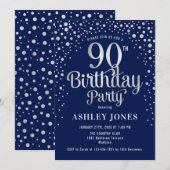 90. Geburtstagsparty - Navy & Silver Einladung (Vorne/Hinten)