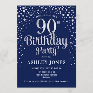 90. Geburtstagsparty - Navy & Silver Einladung