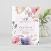 90. Geburtstagsparty Pink Aquarellblume Einladung (Stehend Vorderseite)