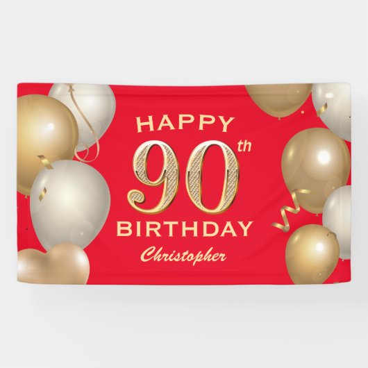 90. Geburtstagsparty Rot und Gold Ballons Banner (Horizontal)