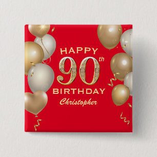 90. Geburtstagsparty Rot und Gold Ballons Button