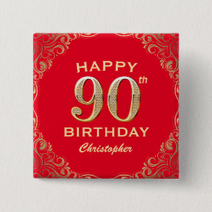 90. Geburtstagsparty Rot und Gold Glitzer Frame Button