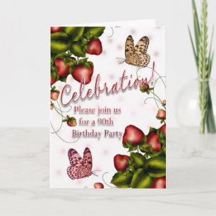 90. Geburtstagsparty - Schmetterling und Erdbeere Einladung