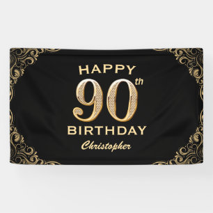 90. Geburtstagsparty Schwarz und Gold Glitzer Fram Banner