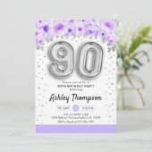 90. Geburtstagsparty - Silberballons Lila Einladung (Stehend Vorderseite)