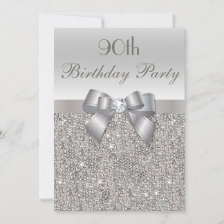 90. Geburtstagsparty Silver Sequins, Bow & Diamond Einladung