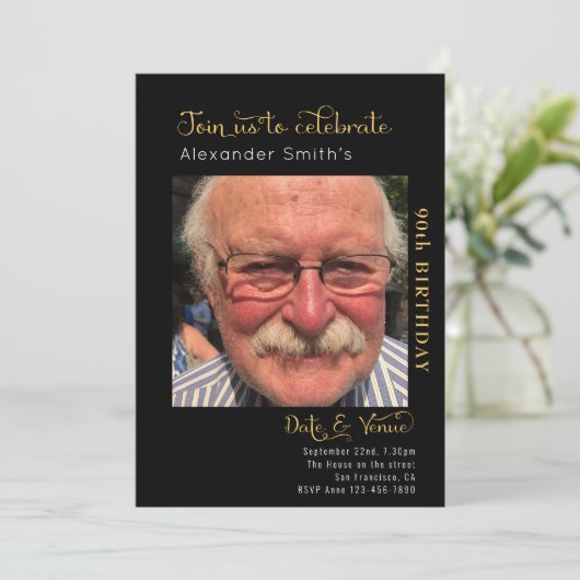 90. Geburtstagsschwarze Einladung (Stehend Vorderseite)